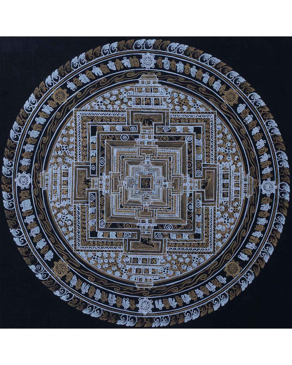 Gold and Silver Kalachakra Mandala Thangka Painting | Hand painted Wall Hanging Art