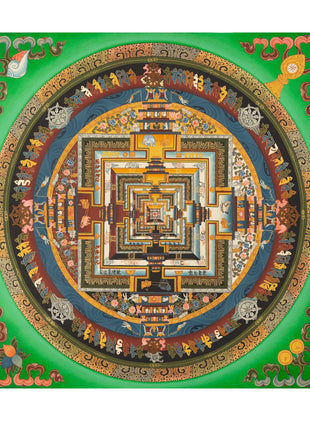 Green Kalachakra Mandala Thangka | Tibetan Buddhist Artwork | Wall Hanging Decoration