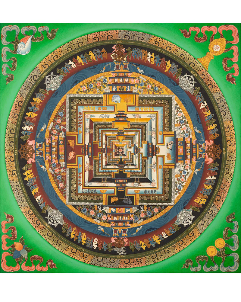 Green Kalachakra Mandala Thangka | Tibetan Buddhist Artwork | Wall Hanging Decoration