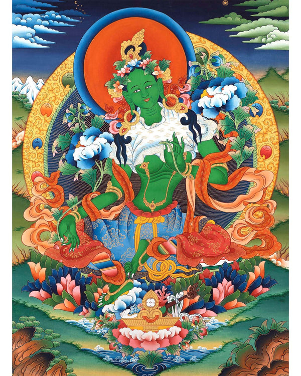 Green Tara Bodhisattva Thangka | Cotton Canvas Spiritual Art