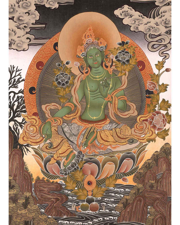 Green Tara | Female Bodhisattva Thangka | Spiritual Meditative Art