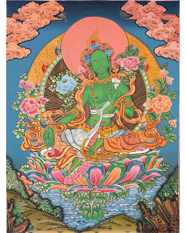 Green Tara Thangka | Traditional Tibetan Art | Religious Wall Decor