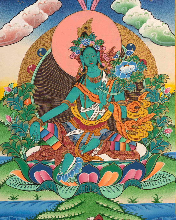 Green Tara Thangka | Religious Buddhist Art | Wall Hanging Painting