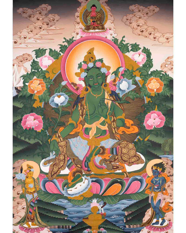 Green Tara Thangka | Religious Buddhist Painting | Wall Hanging Decors