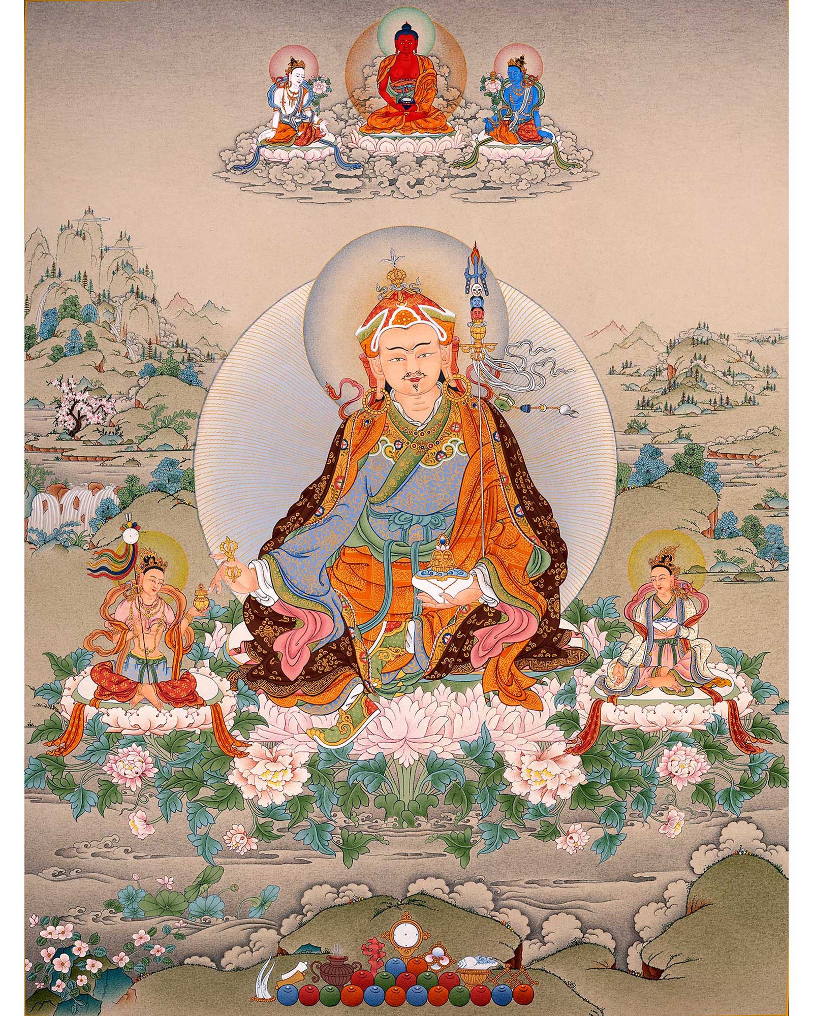 Padmasambhava Painting | Guru Rinpoche With Consorts And Amitabha Budd