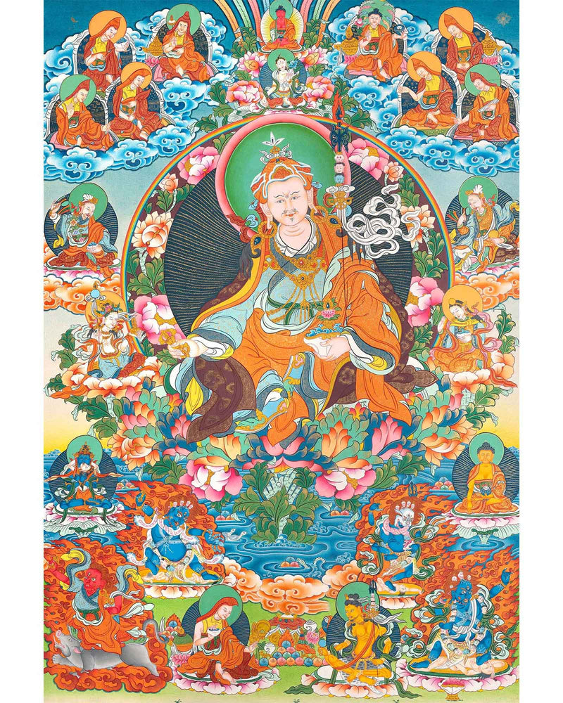 Guru Padmasambava Thangka | Tibetan Master Hand Painting | Religious Wall Decor