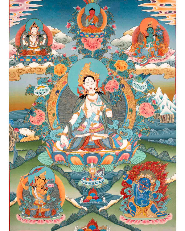 Hand-Painted White Thangka | Buddhist Tara Thangka