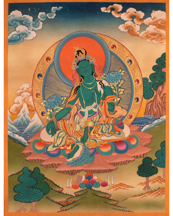 Handpainted Green Tara Thangka | Wall Decoration Painting