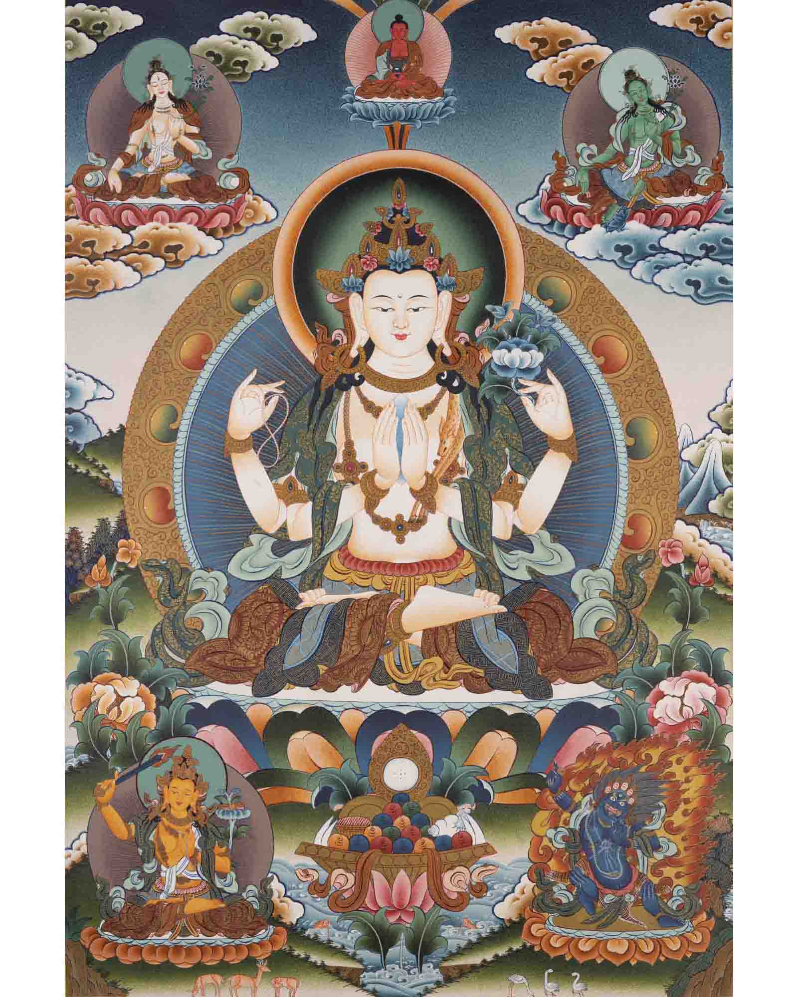 Handpainted Avalokiteshvara Chengrezig  | Yoga Meditation Canvas Art