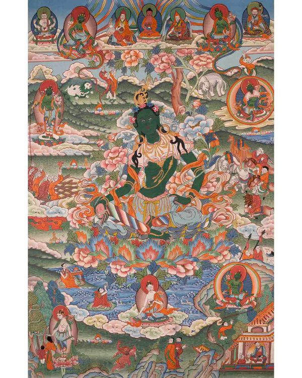 Healing Green Tara Thangka | Healing Female Deity Painting | Wall Decors