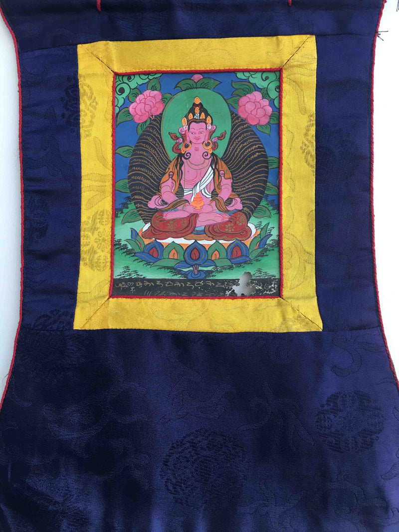 Vintage Small Amitayus Buddha Thangka with Silk Brocade | Buddhist Wall Hanging