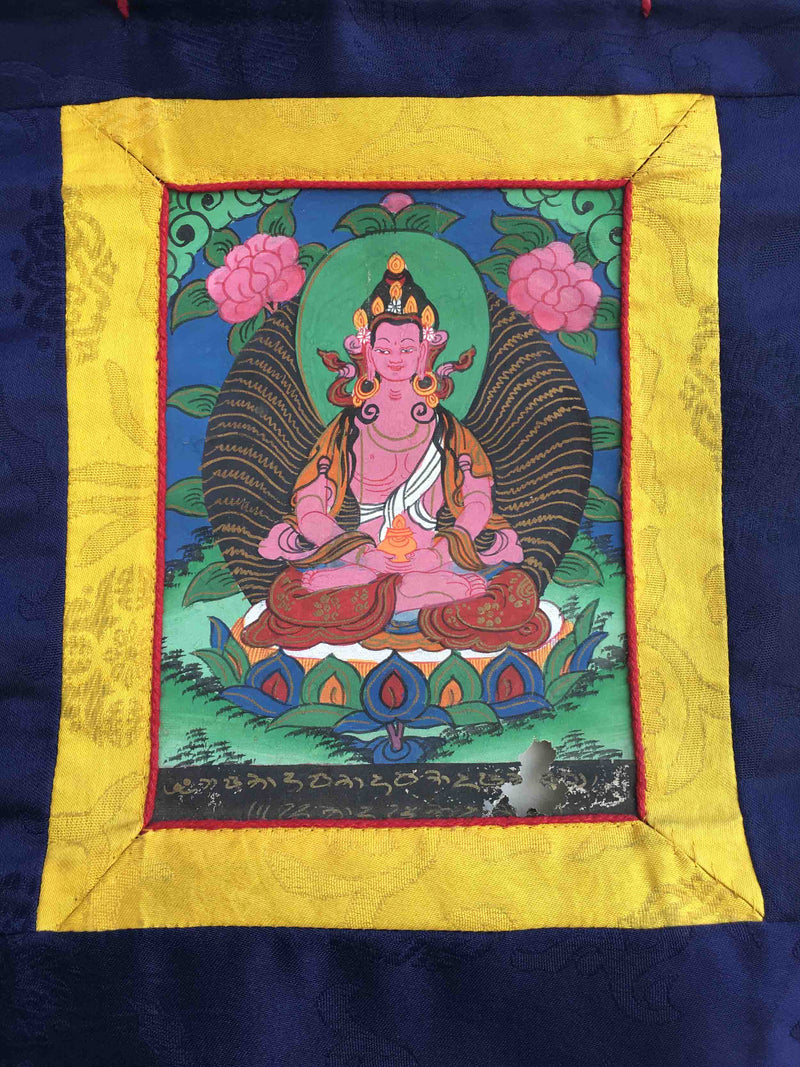 Vintage Small Amitayus Buddha Thangka with Silk Brocade | Buddhist Wall Hanging