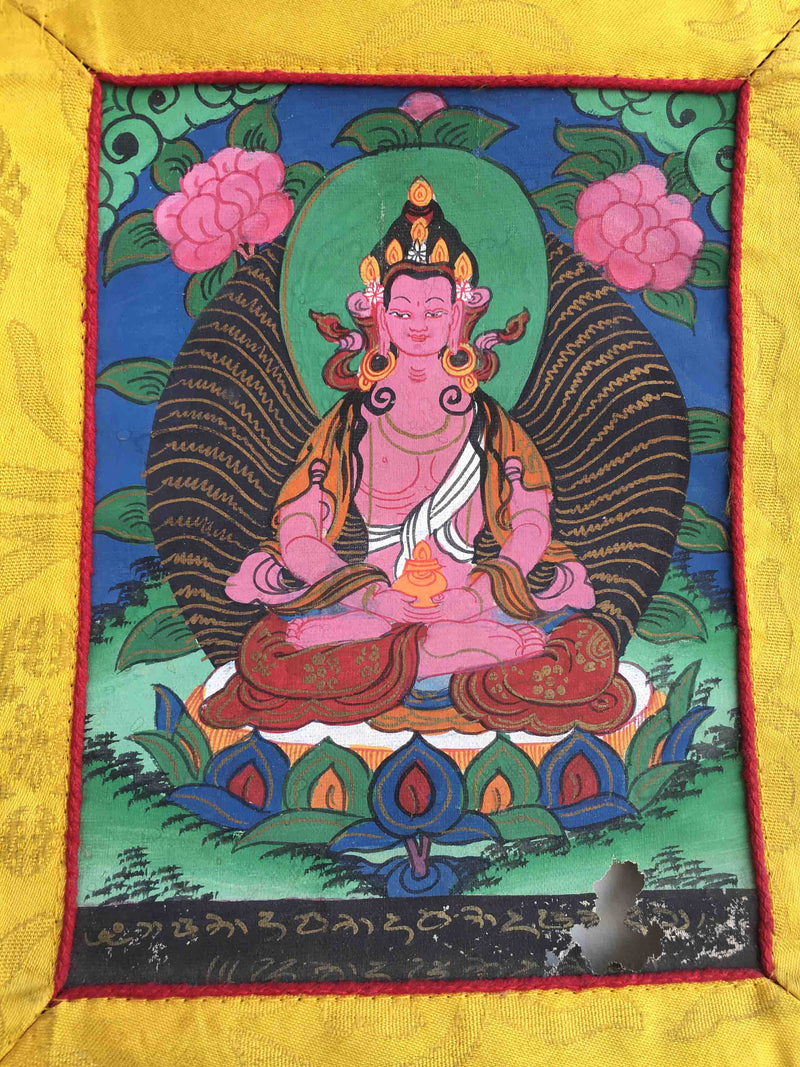 Vintage Small Amitayus Buddha Thangka with Silk Brocade | Buddhist Wall Hanging