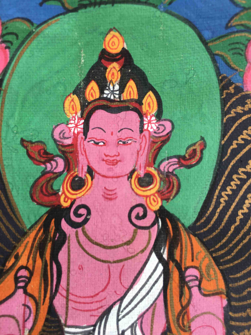 Vintage Small Amitayus Buddha Thangka with Silk Brocade | Buddhist Wall Hanging