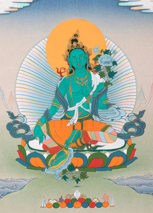 Green Tara Brocade Thangka | Female Bodhisattva | Awakened Buddha