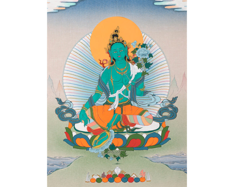 Green Tara Brocade Thangka | Female Bodhisattva | Awakened Buddha