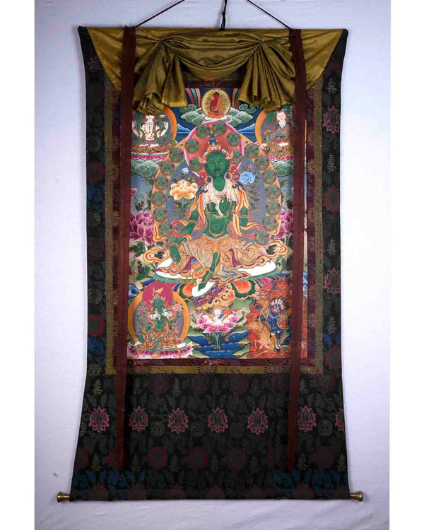 Large Green Tara Thangka | Traditional Brocaded Artwork | Wall Decors