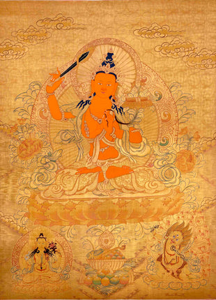 Gold Manjushree Thangka | Hand Painted Bodhisattva Art