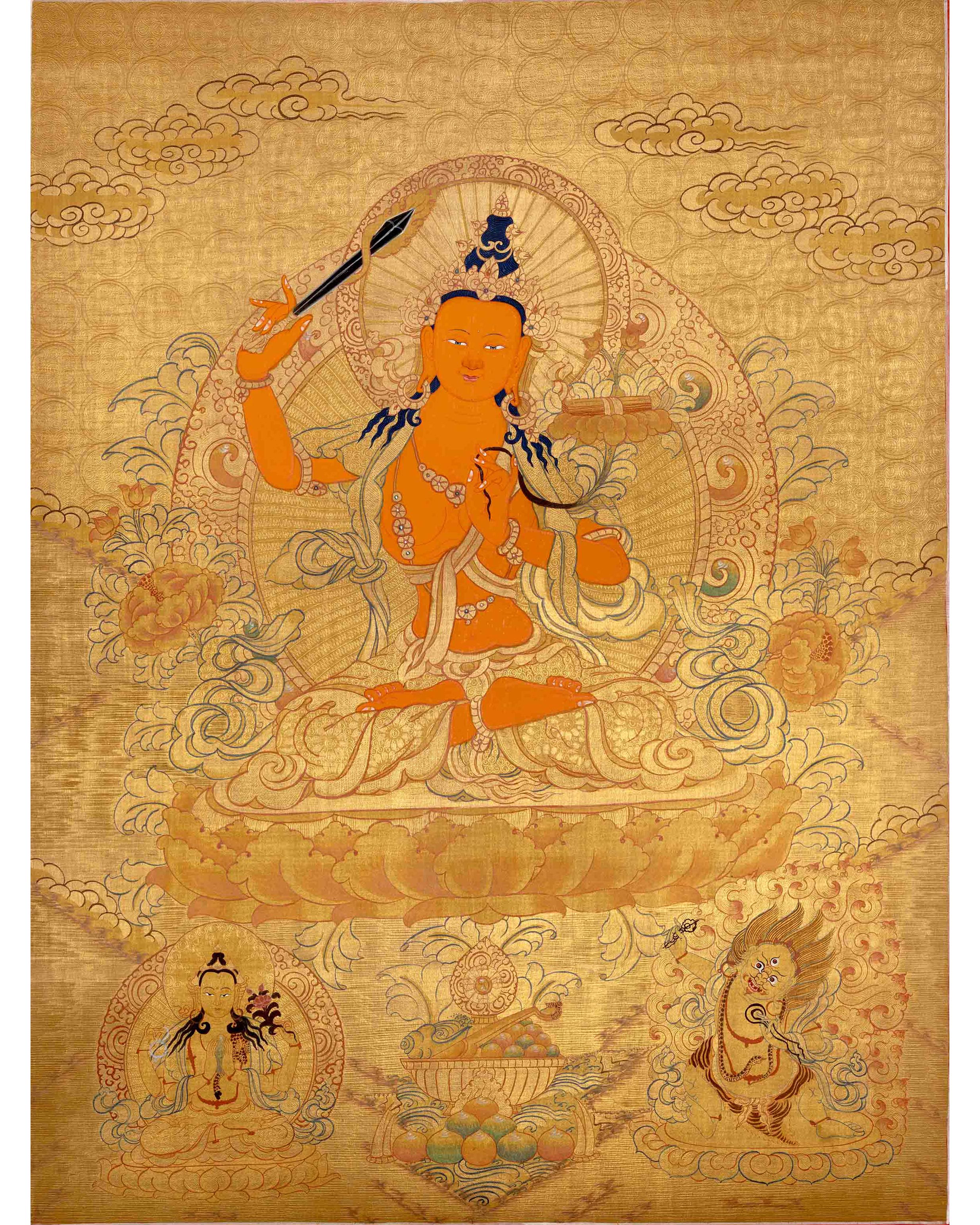 Gold Manjushree Thangka | Hand Painted Bodhisattva Art