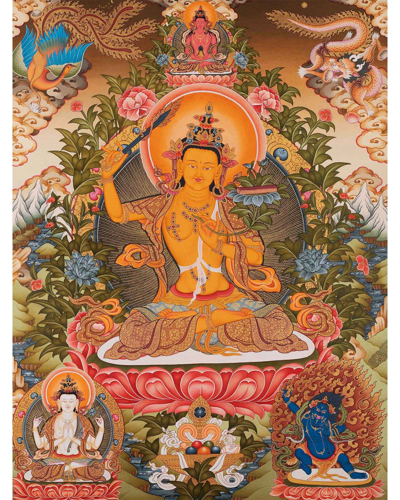 Manjushree The Deity of Wisdom Thangka  | Amitayus , Vajrapani & Chengresig Fine Quality Acrylic Art | Wisdom Buddha