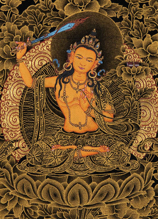Wisdom Deity Manjushri Thangka | Tibetan Bodhisattva Art in Small Size