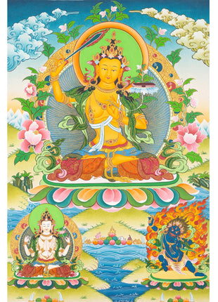 Manjushri Thangka  | Flanked By Avalokiteshvara And Vajrapani