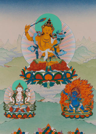 Bodhisattvas- Manjushri With Cenrezig and Vajrapani Thangka