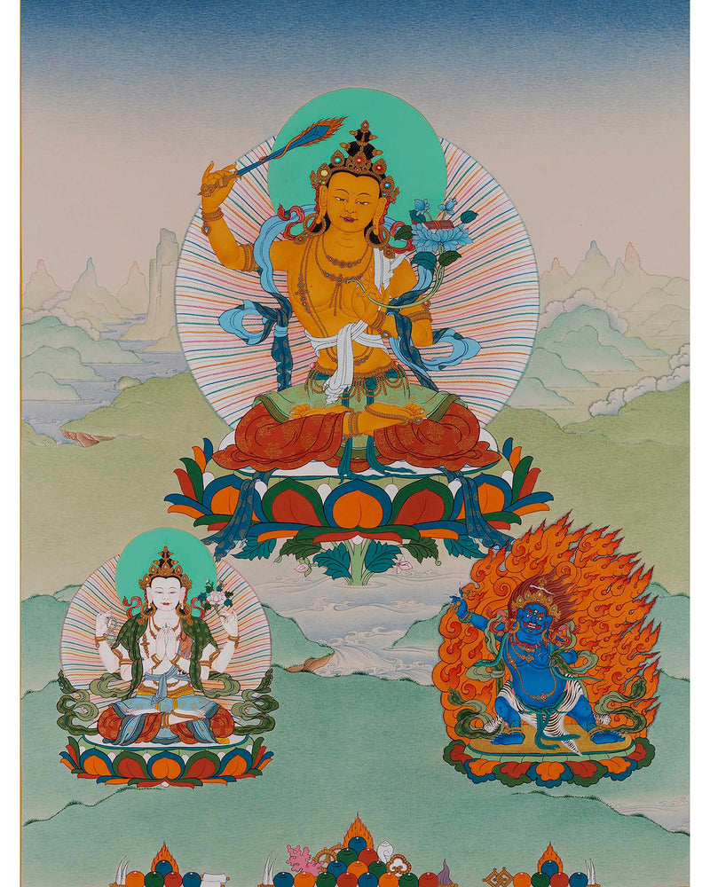 Bodhisattvas- Manjushri With Cenrezig and Vajrapani Thangka