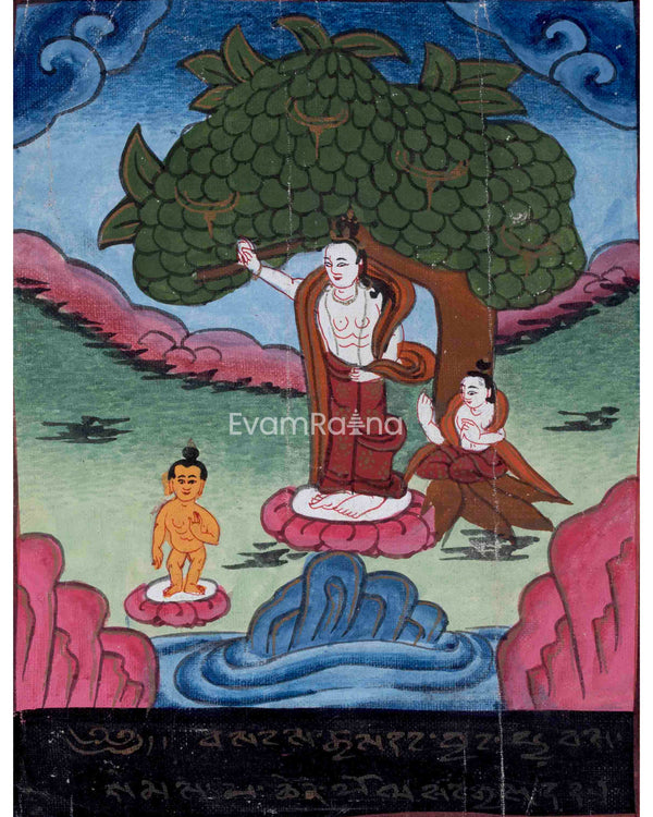 Vintage Thangka of Queen Maya Devi Giving Birth | Thangka Painting