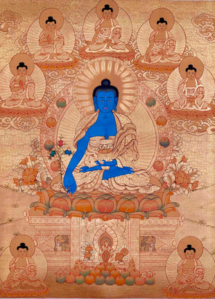 24K Gold Style Medicine Buddha Thangka | Meditation Altar