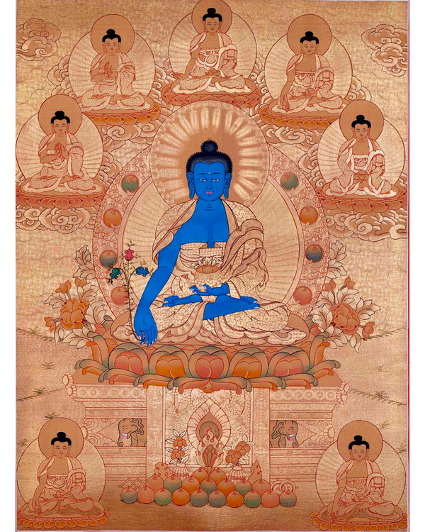 24K Gold Style Medicine Buddha Thangka | Meditation Altar