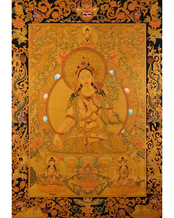 Medium Size White Tara | 24k Gold Painted Bodhisattva Painting