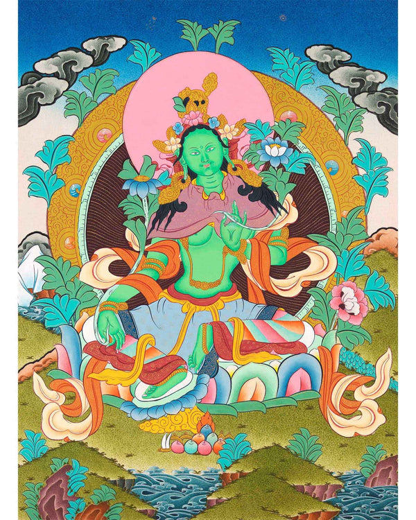 Mother Green Tara Thangka |  Religious Handpainted Art | Buddhist Wall Decors