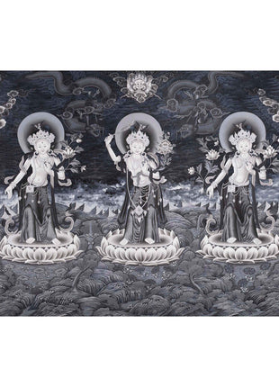 Newari Thangka | White Tara, Manjushri and Green Tara Standing