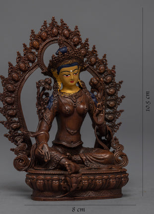 Mini Machine made Green Tara Statue | Gold Gilded Copper Body Miniature Green Tara Sculpture