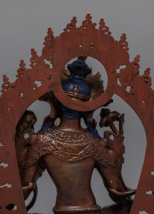 Mini Machine made Green Tara Statue | Gold Gilded Copper Body Miniature Green Tara Sculpture