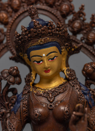 Mini Machine made Green Tara Statue | Gold Gilded Copper Body Miniature Green Tara Sculpture