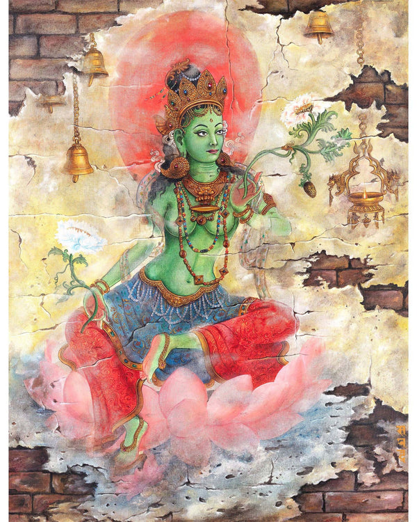 Oil Painting Tara | Arya Green Tara | Religious Buddhist Thangka