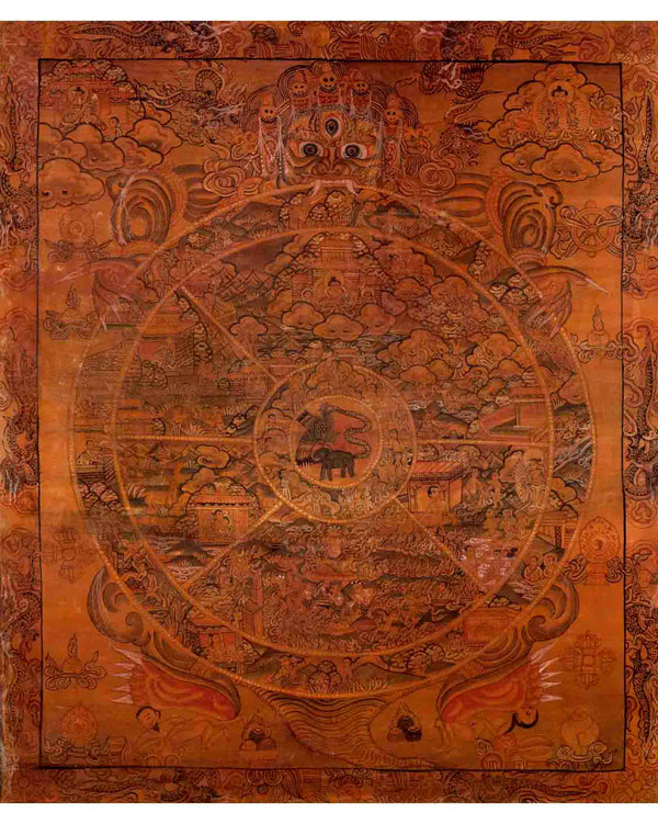 Oil Varnished Wheel of Life | Vintage Traditional Thangka | Wall Decors