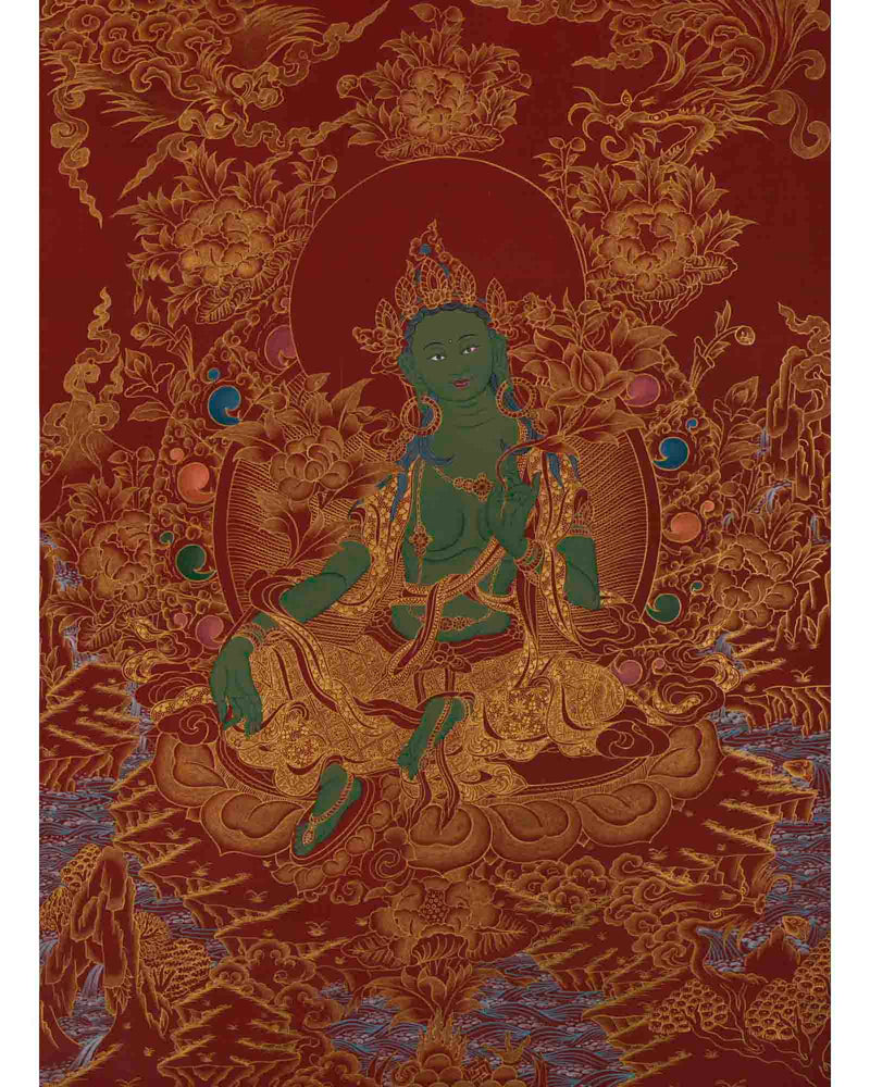 Original Green Tara Thangka | 24K Gold Style Artwork | Wall Decors