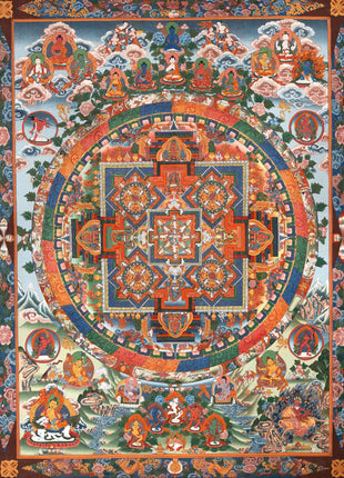 Vintage Big Buddha Mandala with Bodhisattvas and Buddhist Masters | Original Hand-Painted Thangka