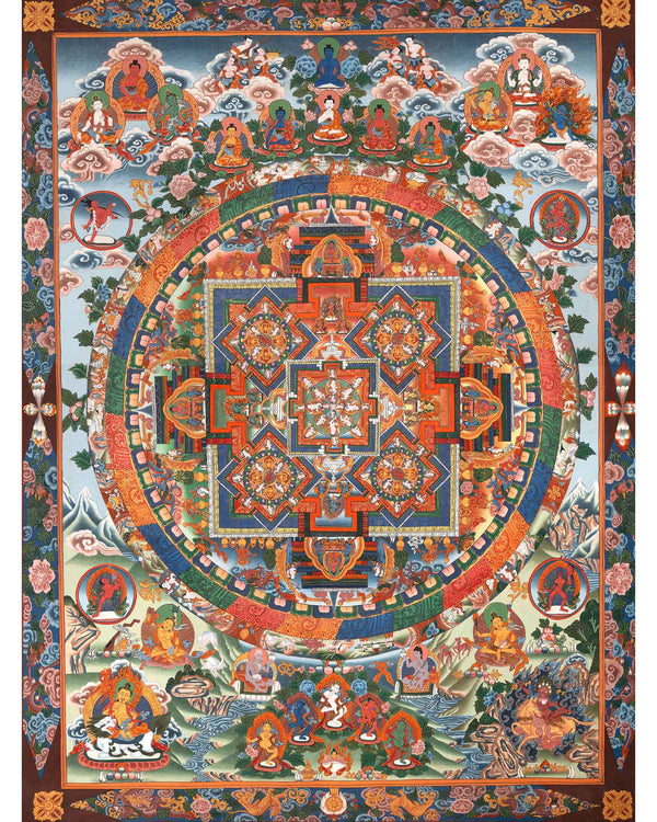 Vintage Big Buddha Mandala with Bodhisattvas and Buddhist Masters | Original Hand-Painted Thangka