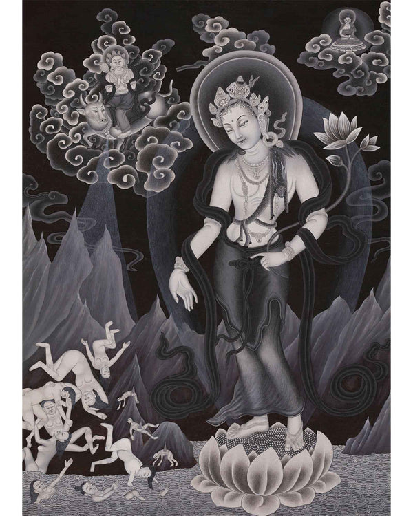Padmapani Avalokiteshvara Thangka Painting | Black and White Buddhist Art