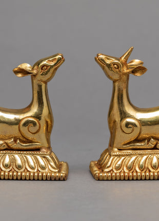 Sculpture Of Two Deer and Dharmachakra | Buddhist Symbol | Plated With Gold