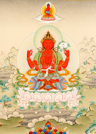Red Chenrezig With Amitabha Buddha, Gyalwa Gyasto Thangka Print