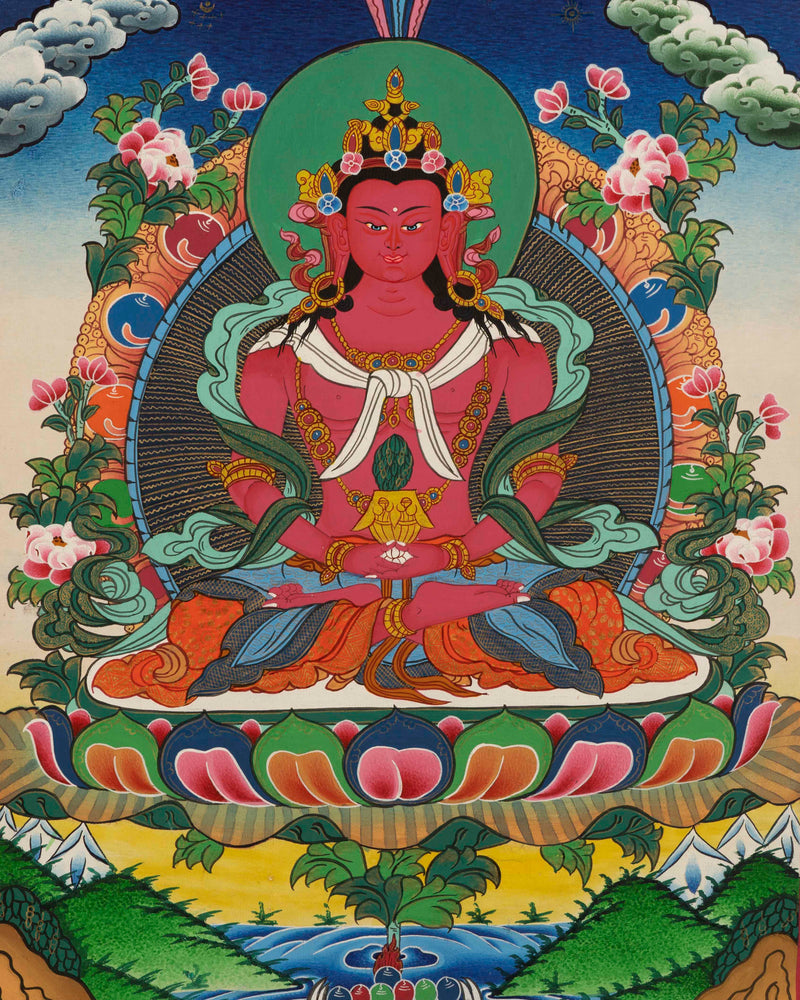 Red Amitayus Buddha Thangka | Tibetan Wall Decoration