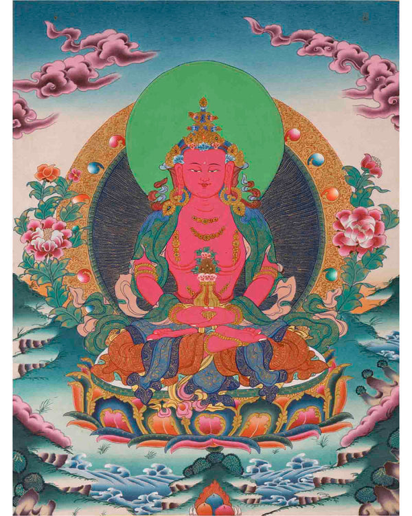 Red Amitayus Buddha Thangka | Religious Hand Painting | Wall Decors