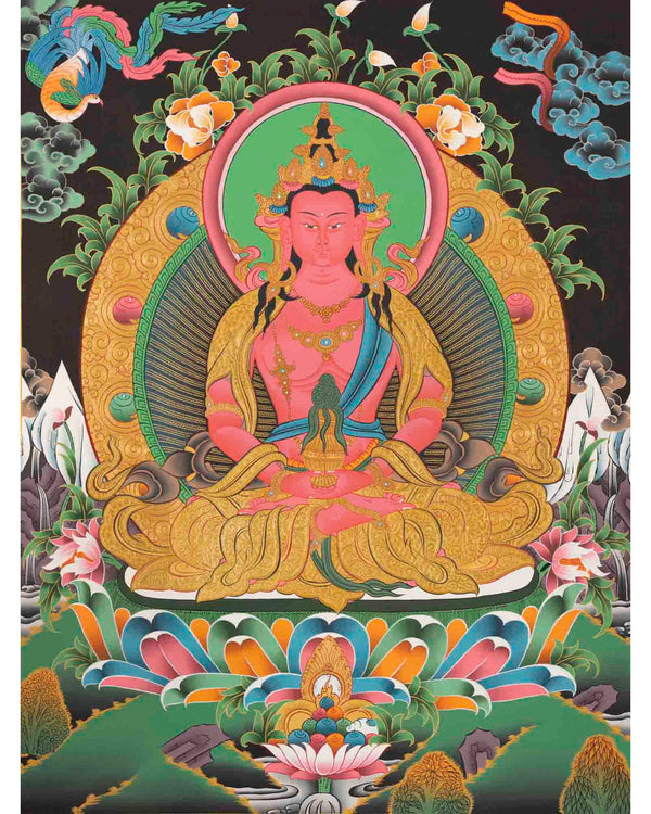 Red Amitayus Buddha | Buddhist Traditional Thangka | Gift For Buddhist