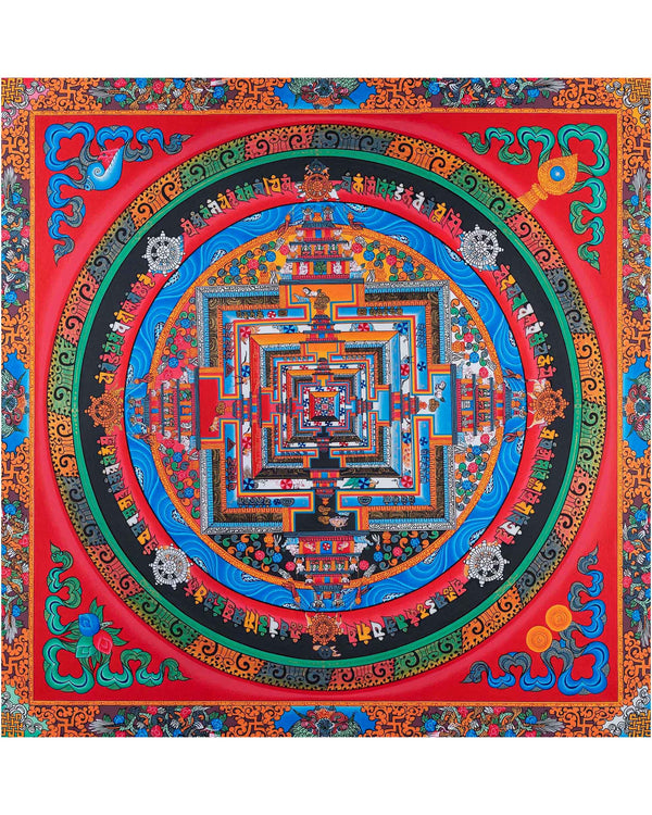 Red Kalachakra Mandala Thangka | Dragon Motif Artwork | Religious Wall Hanging Decors