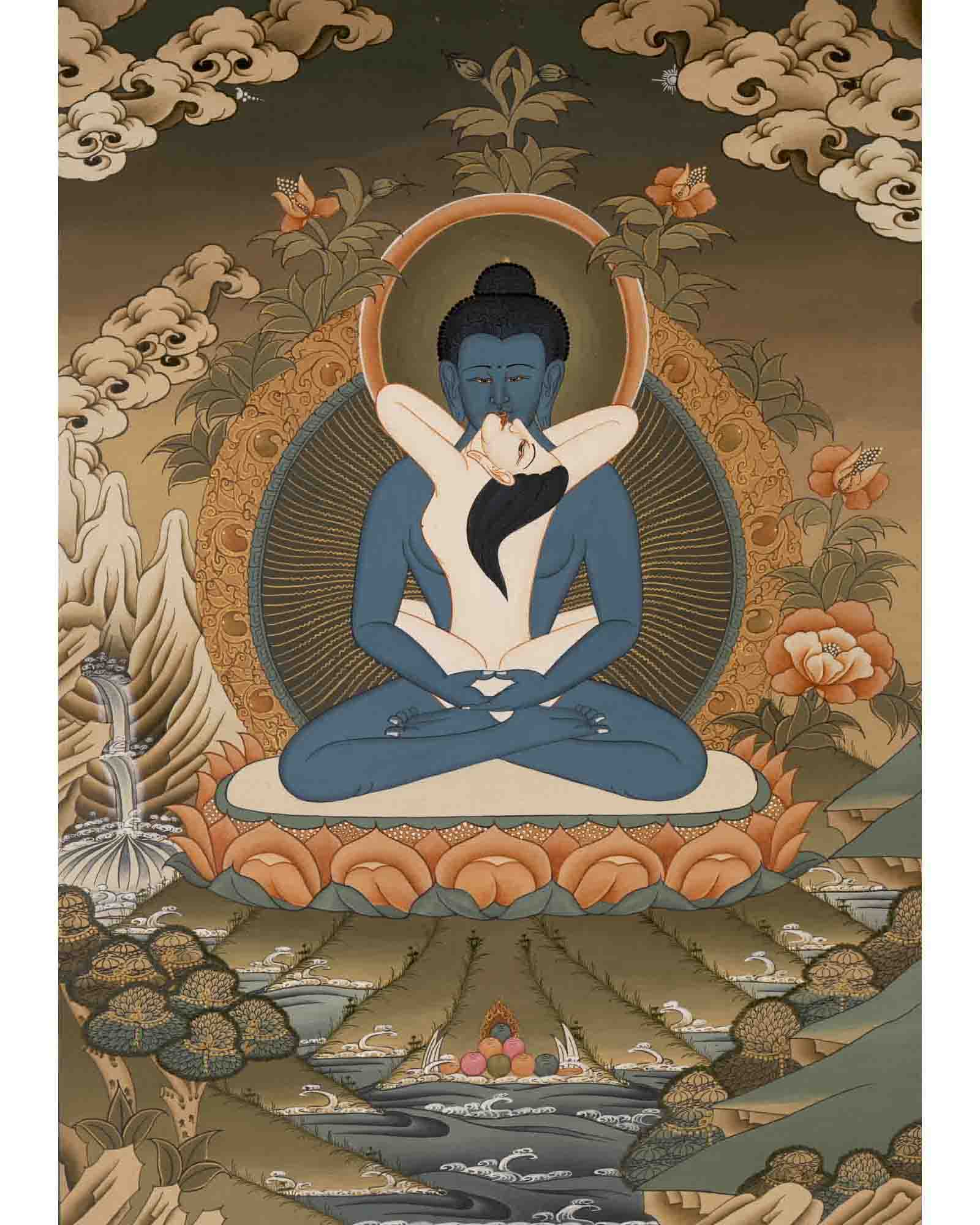Harmony Unveiled: Samantabhadra Thangka featuring the Yab Yum Buddha in Religious Buddhist Art